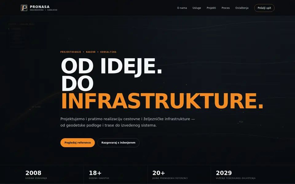 PRONASA concept: dark hero with the headline “Od ideje. Do infrastrukture.”
