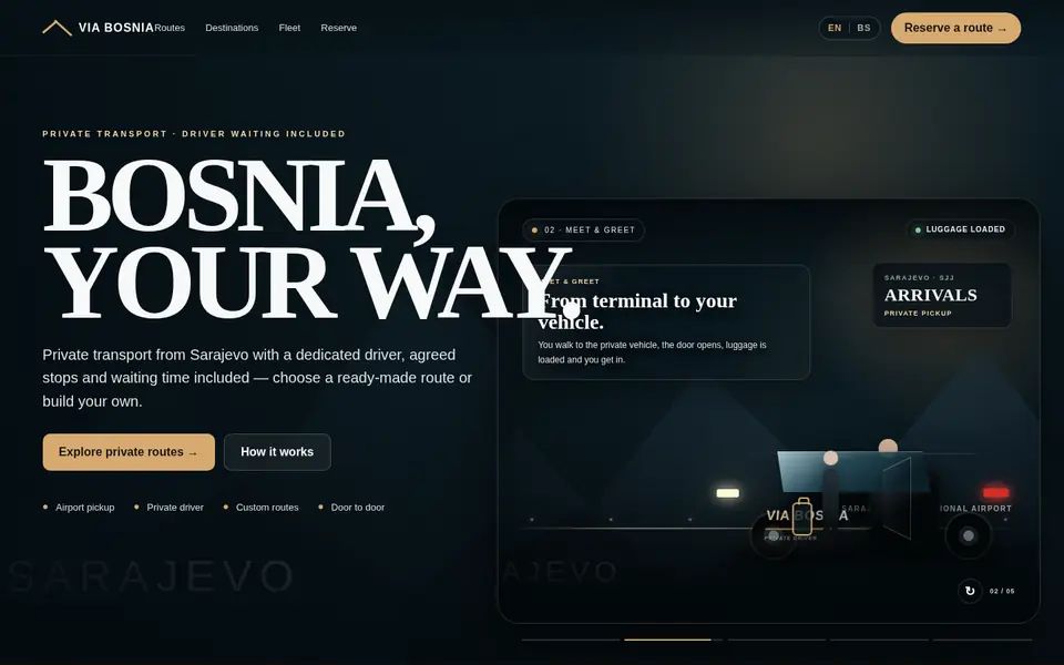 VIA BOSNIA concept: hero “Bosnia, your way.” over a photo of Sarajevo