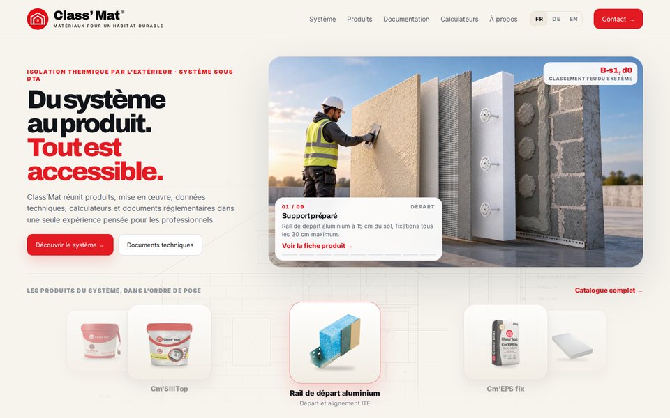 Class’Mat home page: a worker applying insulation boards, headline “Du système au produit. Tout est accessible.”