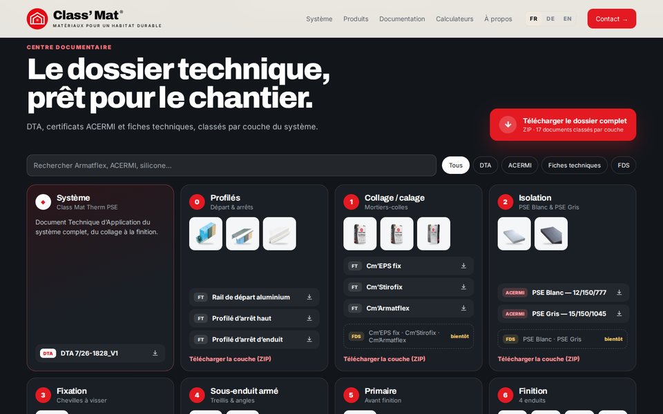 Technical documentation library with search field and filters, organised by system layer