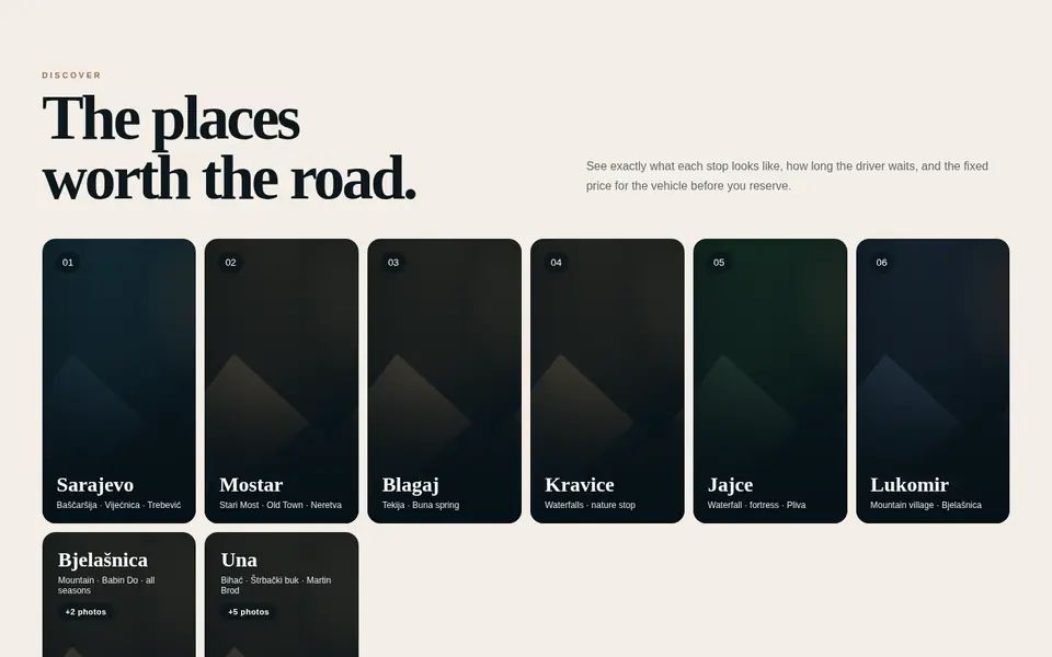 VIA BOSNIA concept: destination cards for Sarajevo, Mostar, Blagaj, Kravice, Jajce and Lukomir